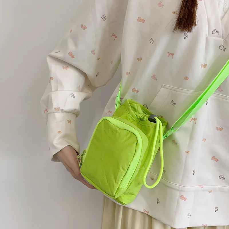 Portable Women Drawstring Shoulder Bags Phone Purse Candy Color Ladies Water Bottle Handbag Outdoor Female Nylon Crossbody Bag