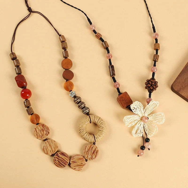 2022 Autumn Winter Bohemian Design Necklace Handmade Wooden Beads Rattan Weave Flower Agate Stone Strand for Wedding Anniversary