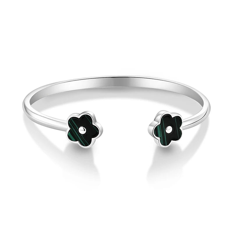 Qingxin Custom OEM Fine Jewelry 925 Sterling Silver Malachite Five Leaf Clover Bracelet Bangle for Women