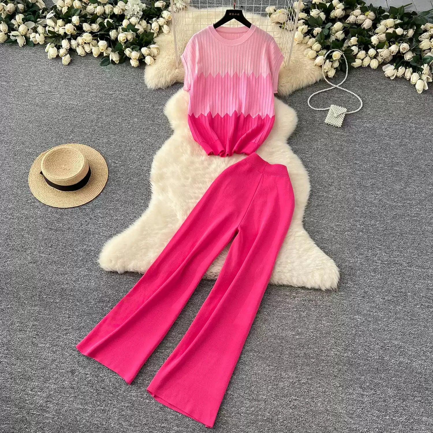 Fashion Senior Sense Suit Women's Design Sense Color Contrast Round Neck Knitted Top High Waist Straight Trousers