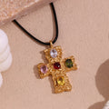 Valentine's Day Gift Gold Plated Colorful Zircon Cross Pendant Necklace Rope Chain Stainless Steel Jewelry