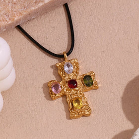 Valentine's Day Gift Gold Plated Colorful Zircon Cross Pendant Necklace Rope Chain Stainless Steel Jewelry