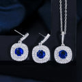 Fashion Royal Blue CZ Stone Jewelry Sets Shiny Tiny Cubic Zirconia Bridal Chain Link Big Pendant Necklace and Earrings for Women