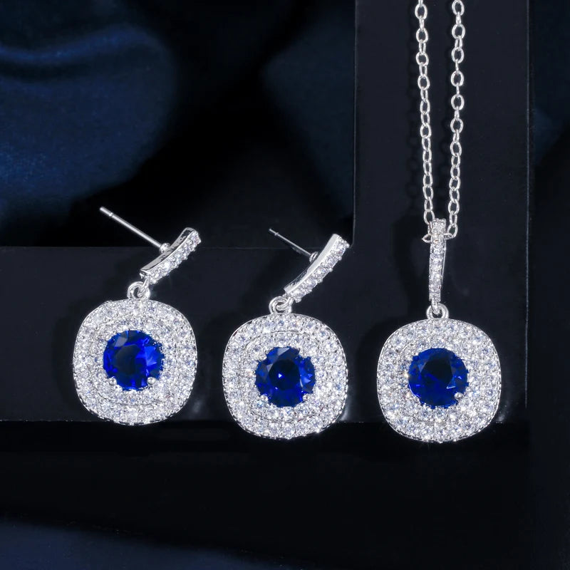 Fashion Royal Blue CZ Stone Jewelry Sets Shiny Tiny Cubic Zirconia Bridal Chain Link Big Pendant Necklace and Earrings for Women