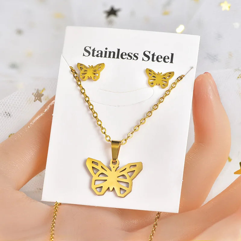 Tarnish Free Jewelry 2022 Gold Stainless Steel  Animal Butterfly Earrings and Necklace Jewelry Set for Women 2025