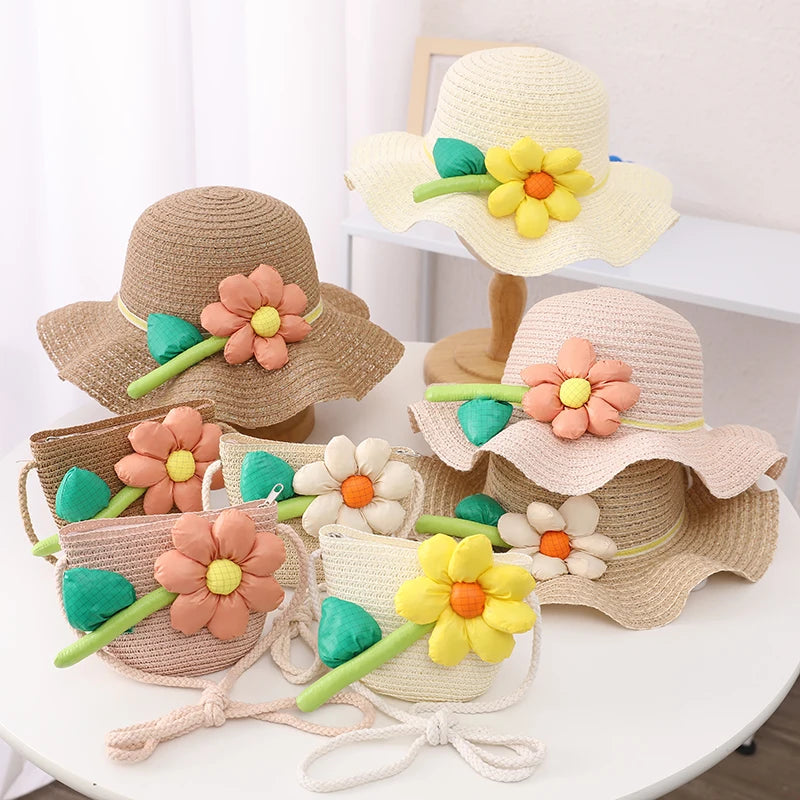 Summer Girl 3D Petal Sun Fisherman Hat UV Protection Beach Caps Woven Sun Straw Hats With Bag Suit