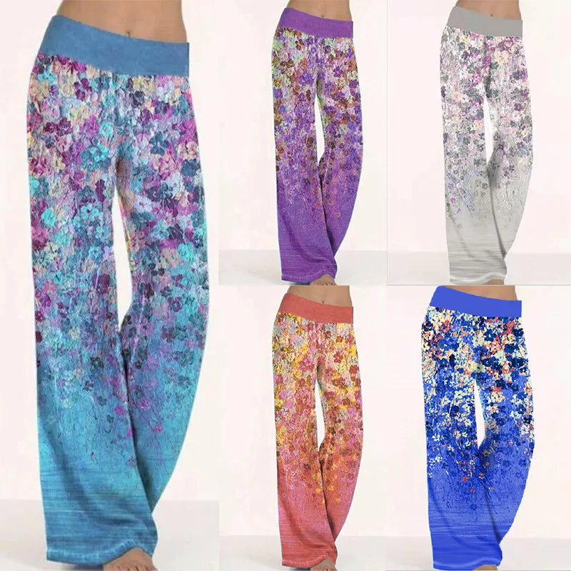 Factory Hot Sale Women's Summer Yoga Wide Legs Pants with Elastic Waist Square Print Flat Front Style Fashionable Yoga Trousers