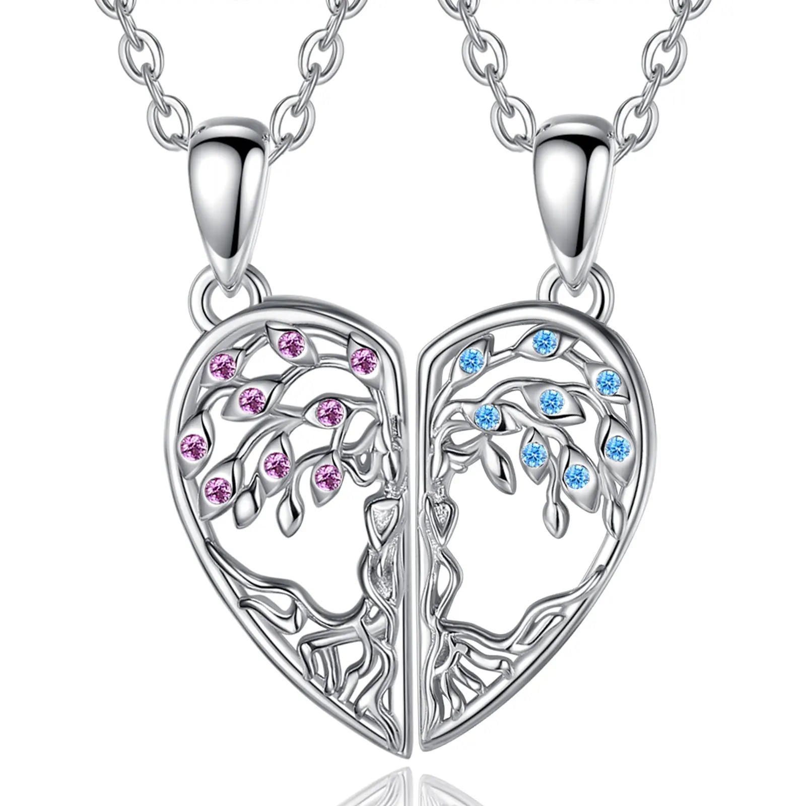 2pcs 925 Sterling Silver Tree of Life Necklace with Half Heart & Pearl Trendy Chain Design for Weddings Parties & Engagements