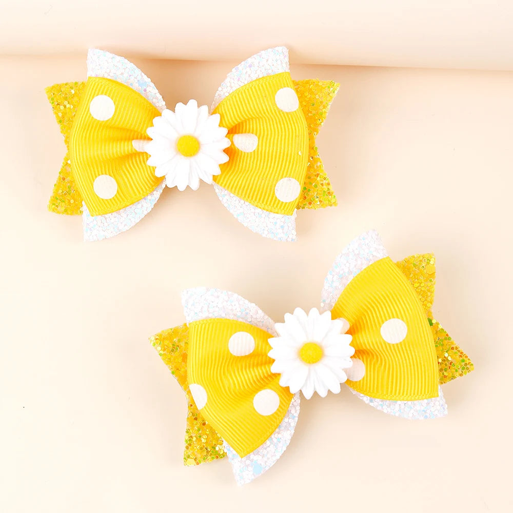 CN 2Pcs Glitter Hair Pin Ribbon Print Flower Cow Stripes Hair Bow Clip Layer Hair Clip for Women Girls