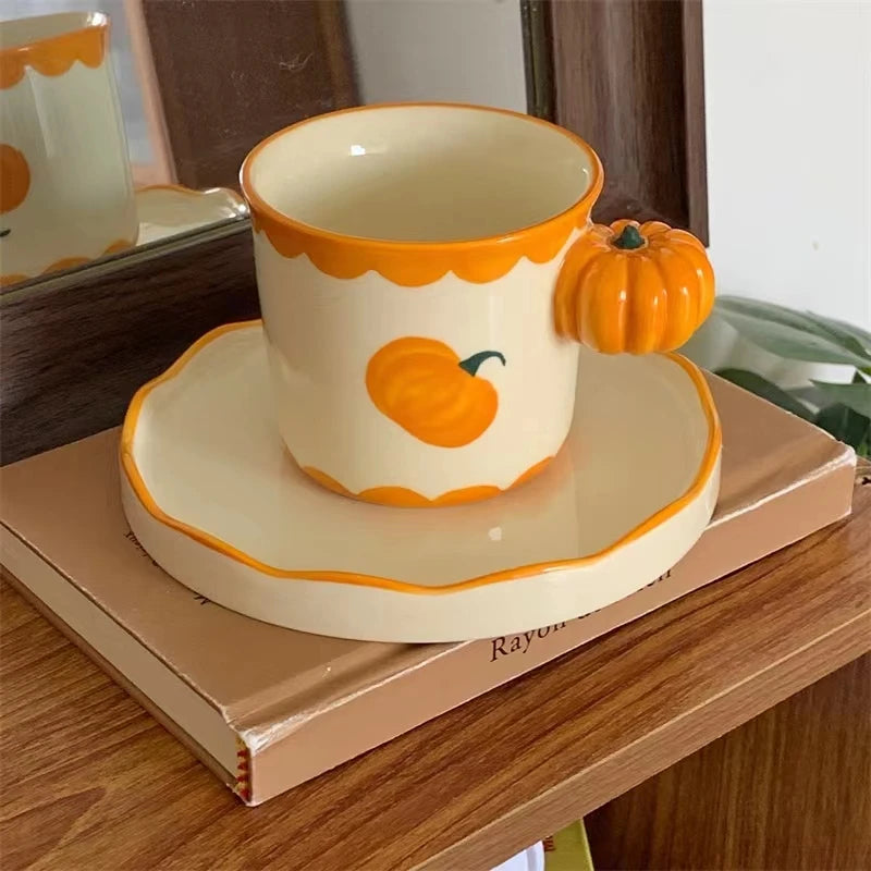 Cute Pumpkin Handle Ceramic Coffee Cup with Saucer  Ins Korean Style Insulated Ceramic Cup