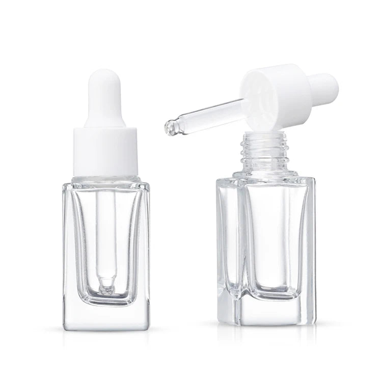 Hot Sale 10ml 15ml Essential Oil square Transparent Thick Bottom Glass Serum Bottles with Dropper