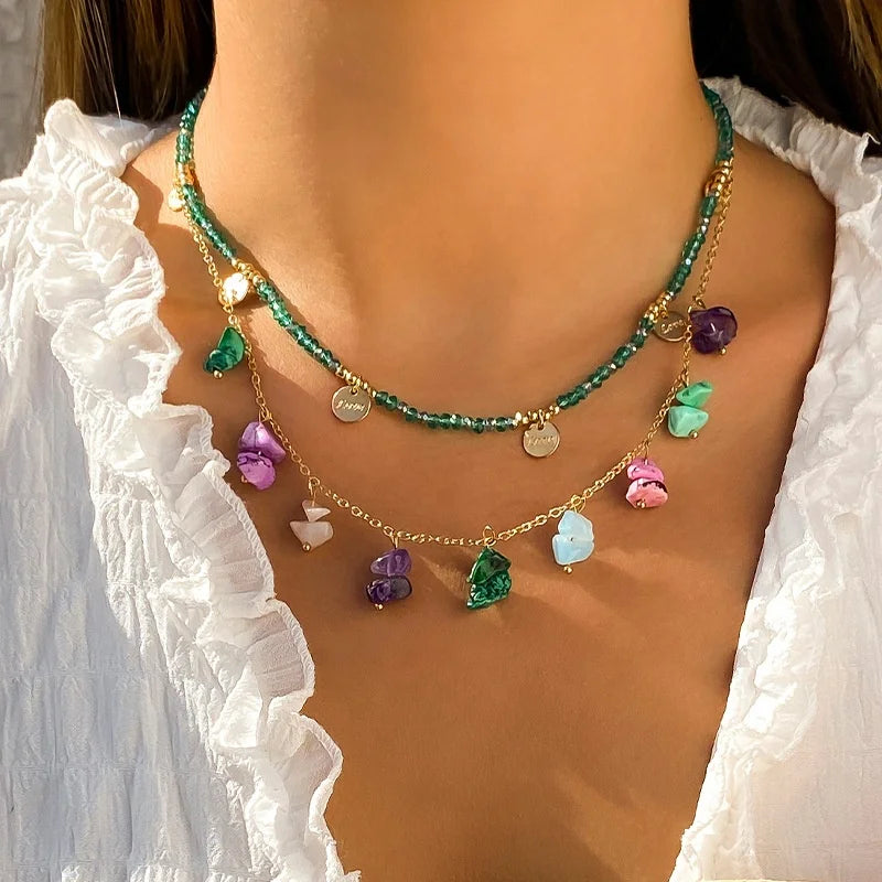 New Summer Women's Ethnic Style Color Pine Stone Necklace Fashion Multi -layer Necklace