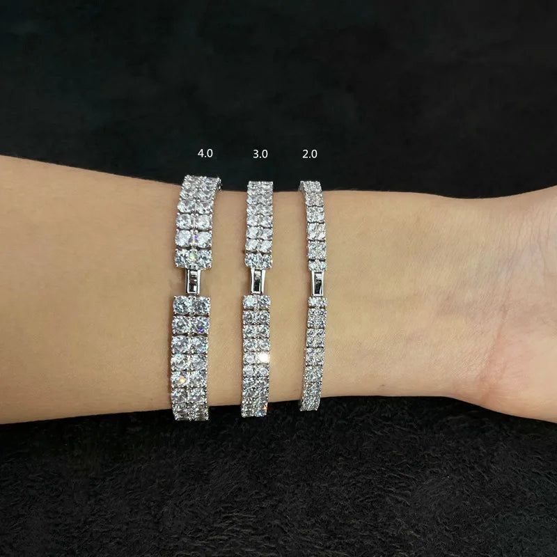 Hip Hop 925 Sterling Silver 2 Rows White Cubic Zirconia Tennis Bracelet 2-4mm Width 6.5 - 8 Inches