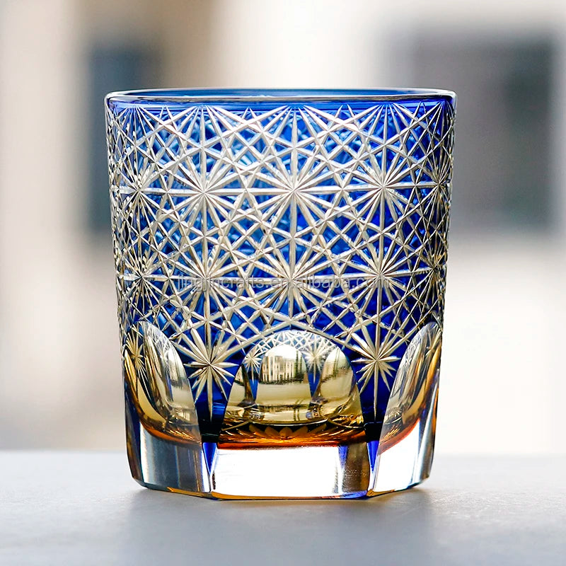 240 ml Hand Cut Medium Cylinder Whiskey Tumbler Luxury Amber Blue Whisky Glass Japanese Style Old Fashioned Glass Bourbon Cup