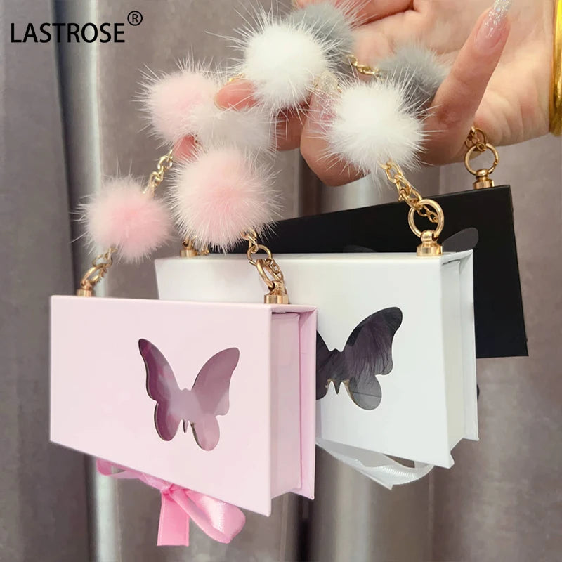 Wholesale Private logo butterfly Eyelash Packaging Luxury Empty pink Lash Box case False Full Strip Eye Lashes with Chain