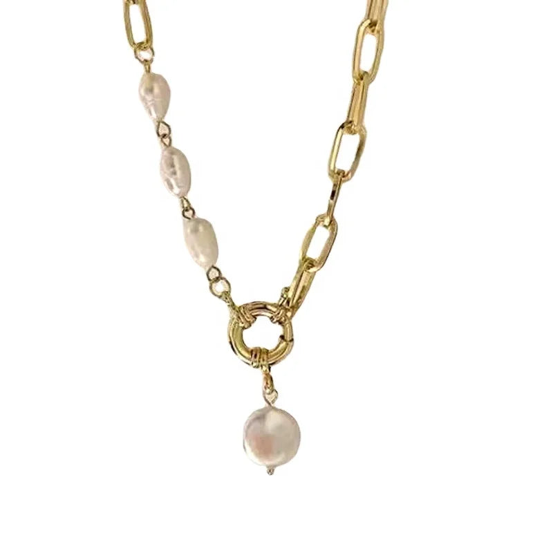 Vintage Baroque Patchwork Sweater Necklace with 14k Gold Natural Shaped Button Pearl Strand Type Chain-for Wedding or Gift