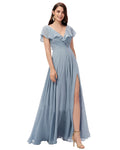 V-neck Long Bridesmaid Dresses Split Chiffon A-line Ruffle Short Sleeve Elegant Prom Dress