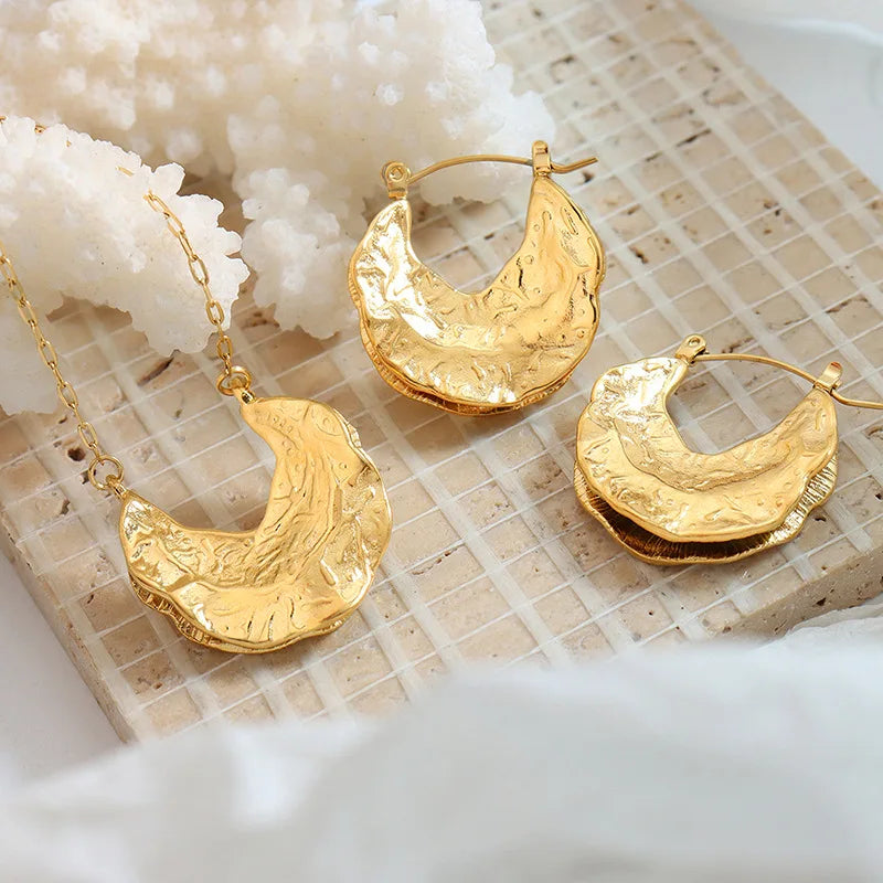 Double Layered Stainless Steel Hammered Irregular Necklace Textured Foil Leaf Pendant Necklaces Women Vintage Chic Jewelry Set