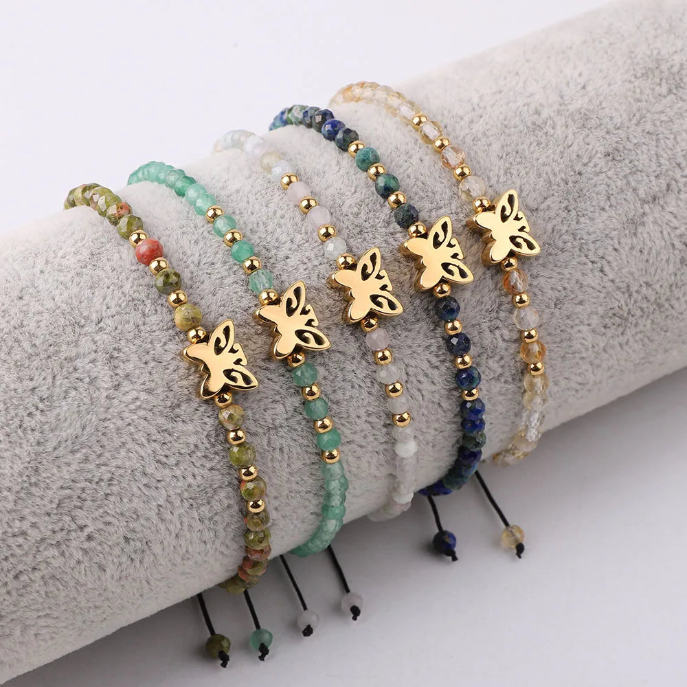 New Fashion Design 3mm Faceted Gemstone Bracelet 18K Gold Stainless Steel Butterfly Charm Macrame Adjustable Bracelet