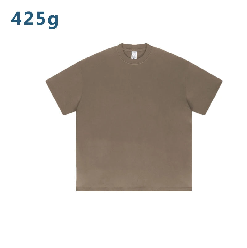 425g Men's 2026 Solid Pattern Boxy 100% Cotton Heavy Oversize Short-Sleeved T-Shirt for Men Summer Trendy Brand Short for Youth