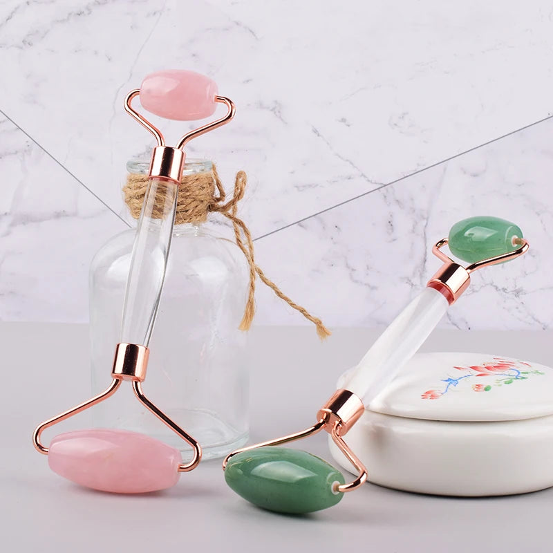 Diy Glass Handle Jade Roller Gua Sha Scraping Massage Tool Anti-aging Natural Rose Quartz Spiky Jade Facial Stone Face Eye Roller