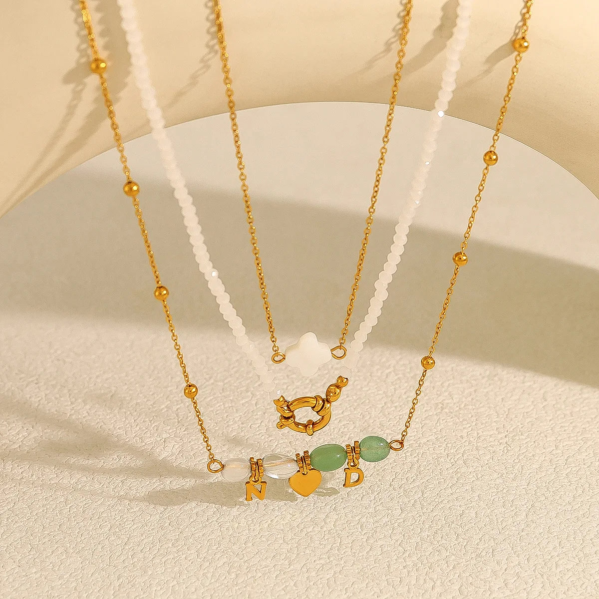 Light Luxury Titanium Steel Heart Pendant Natural Shell Baishi Green Aventurine Beads Chain Stackable Necklace for Women