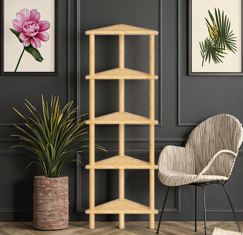 Small Space 5-Tier Bamboo Corner Bookshelf Modern Design Multipurpose Shelving Unit for Living Room Easy Assembly Natural