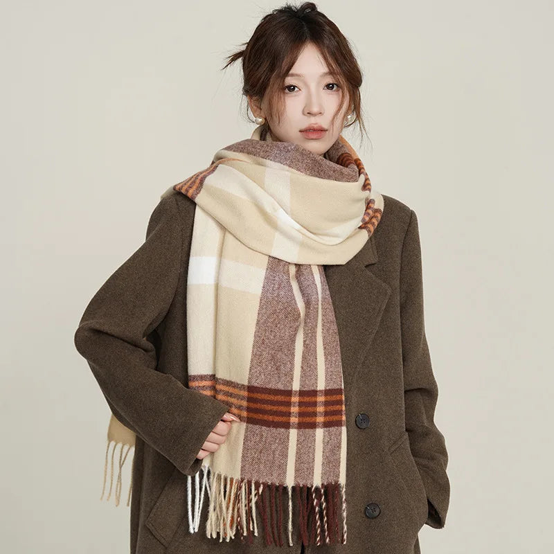 Designer Japanese Style Plaid Tassel Scarf for Women Elegant Temperament Shawl with Digital Printing for Winter