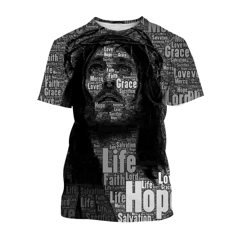 Wholesale Premium Men's New Summer Fashion Jesus Christ Faith Word Art 3D Print Short Sleeve T-Shirt Christian Casual Top