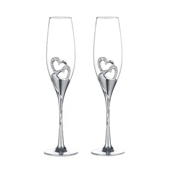 2026 Hot Selling Wholesale Lead Free Heart Shape Silver Metal Stand Champagne Flutes Wedding Toasting Drinking Glasses
