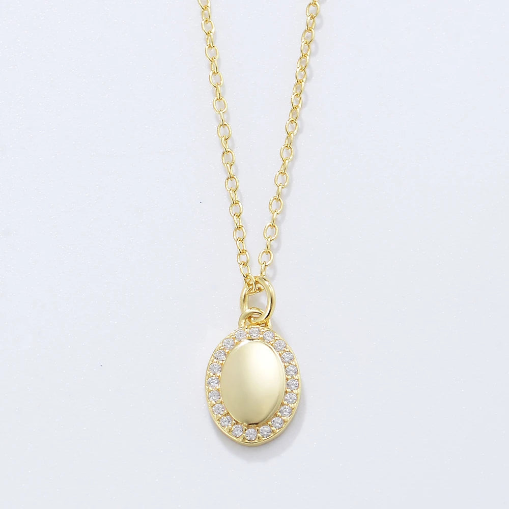 Minimalist 18k Gold Plated Clear Zircon Oval Charm Pendant 925 Silver Jewelry Necklace