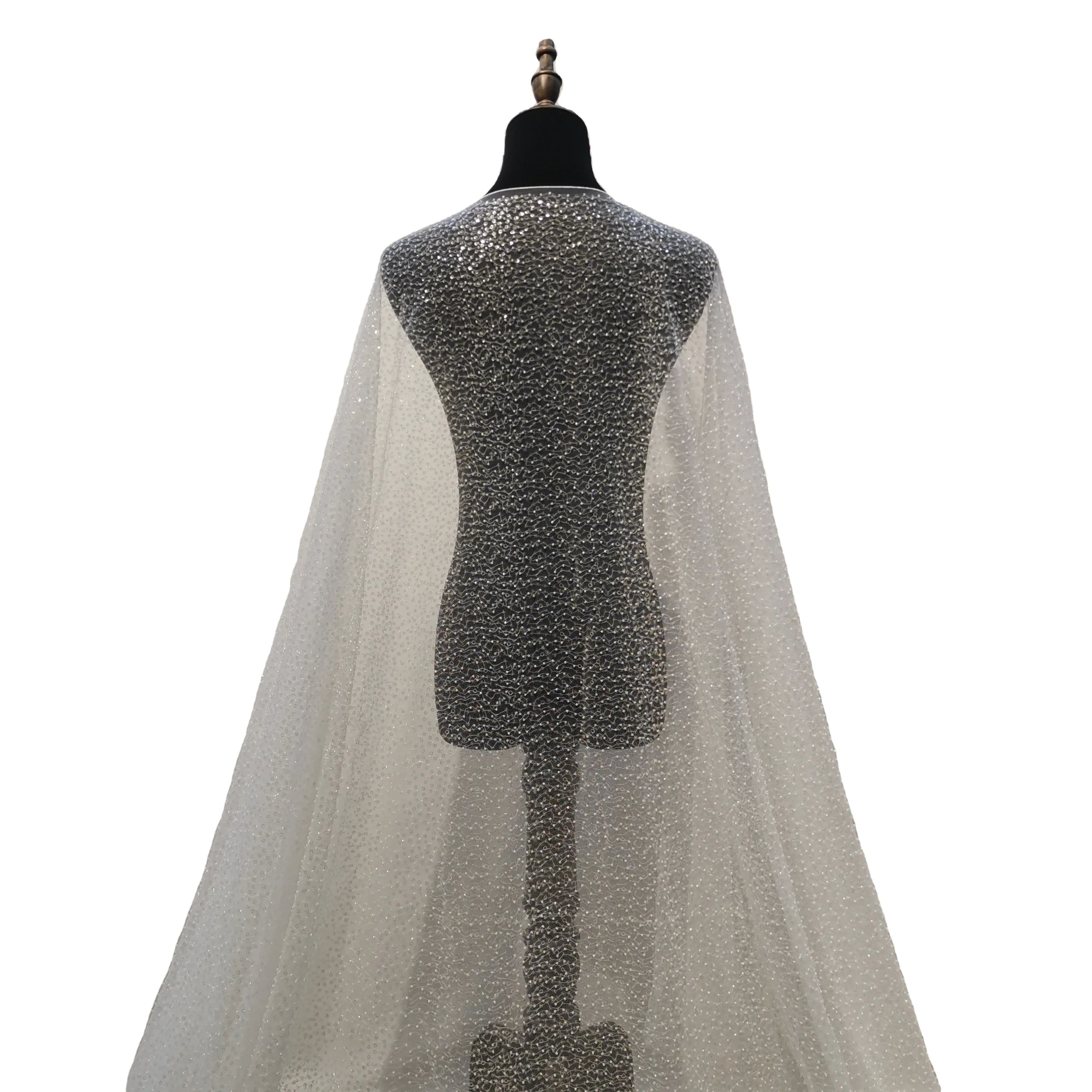 Luxury Crystal Beaded Tulle Lace Fabric for Wedding Dress Handmade Full Beaded Pearls Fabric Lace for Bridal Material