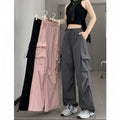 New Women Sport Cargo Pants High Waist Pockets Drawstring Loose Trousers Lady Solid Smooth Ice Silk Pants