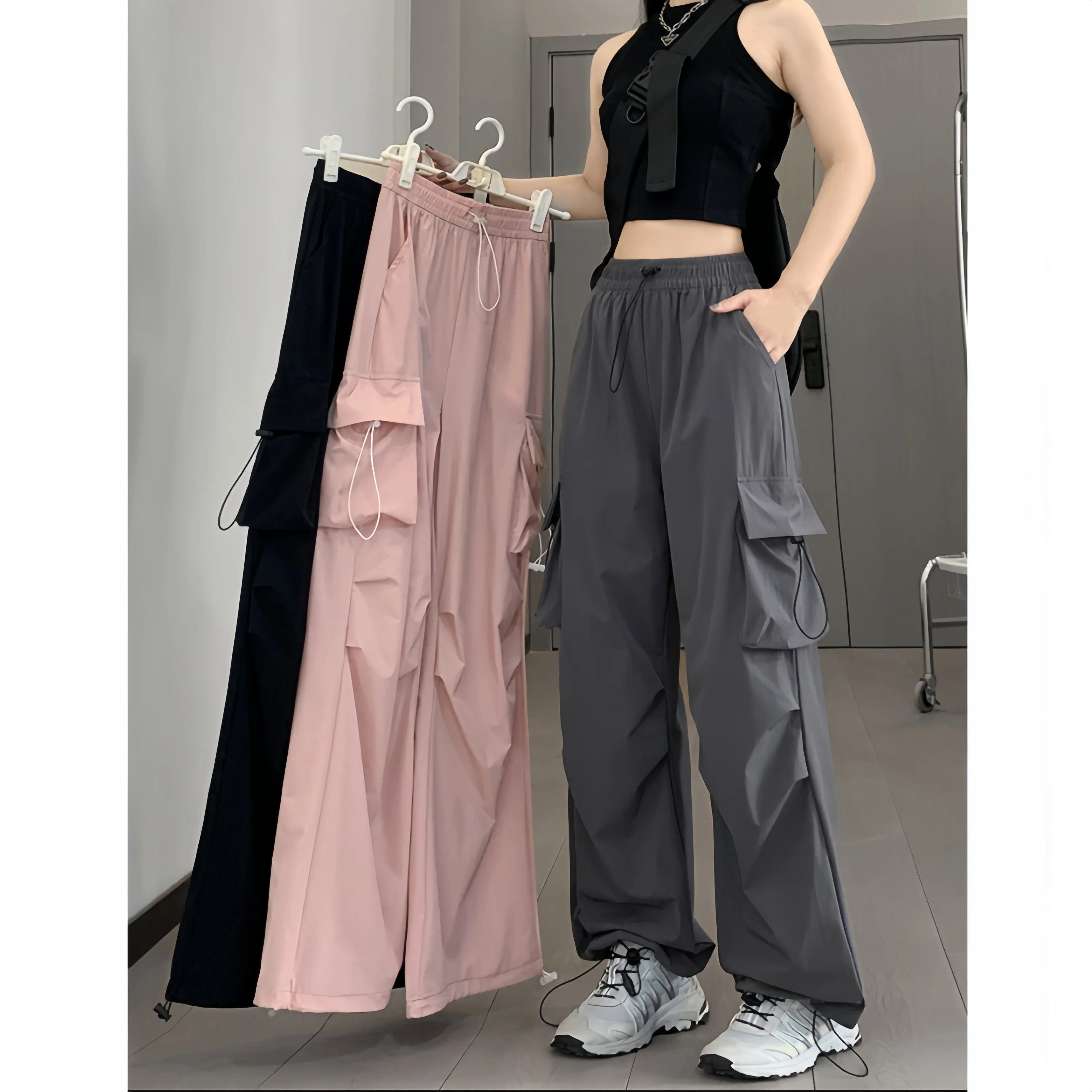 New Women Sport Cargo Pants High Waist Pockets Drawstring Loose Trousers Lady Solid Smooth Ice Silk Pants