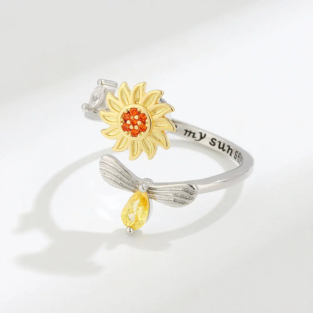 Vintage Sunflower Rings for Women Korean Style Adjustable Opening Finger Ring Bride Jewelry Gif