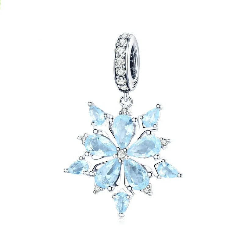 Factory Wholesale 925 Sterling Silver Snow Charm with Blue Zircon Setting for Bracelet Making Christmas Gift