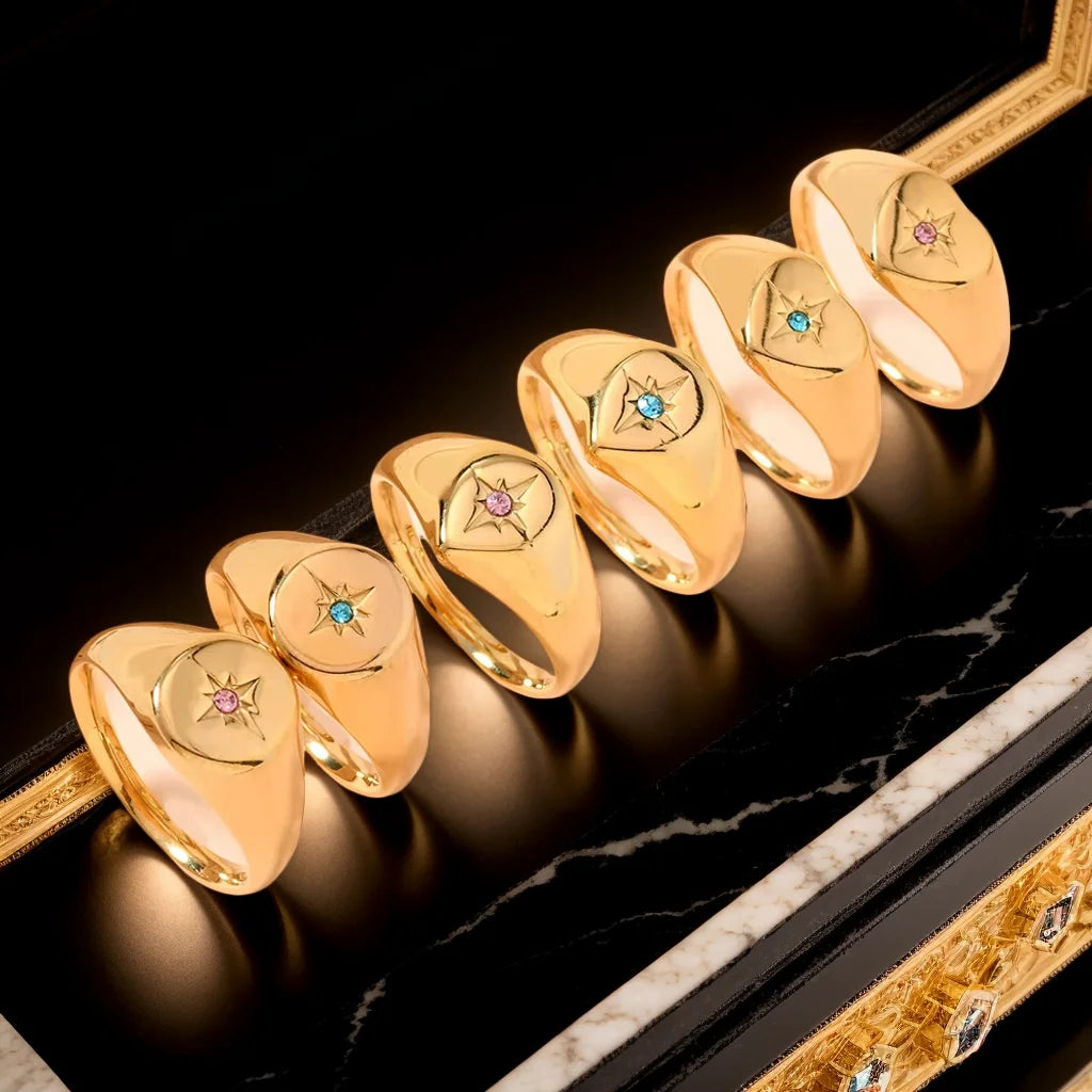 Minimalist Tarnish Free Waterproof Jewelry Bijoux En Acier Inoxydable Accessories Femme Star-Shaped Colored Zirconia Gold  Rings