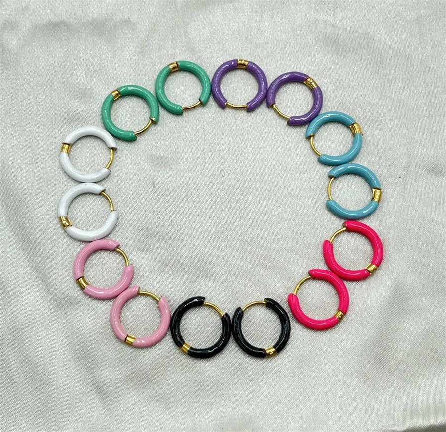 Dainty Multi-color Gold Plated Stainless Steel Colorful Enamel Geometric Round Hoop Earrings for Wedding Party & Gift