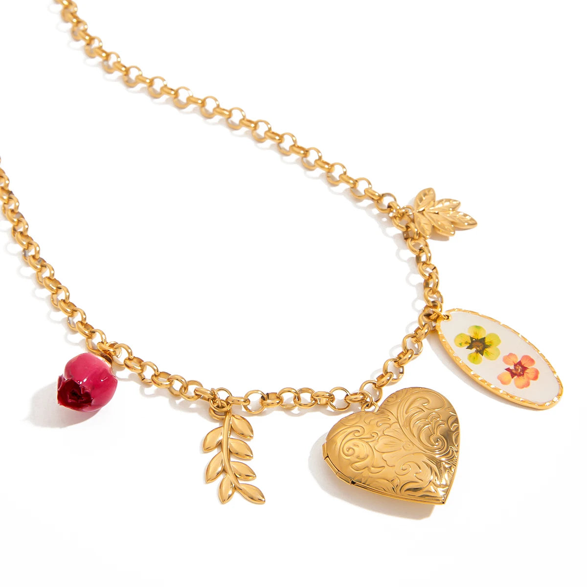 J&D Summer Waterproof Stainless Steel PVD Gold Plating Texture Heart Leaf Dry Bud Necklace