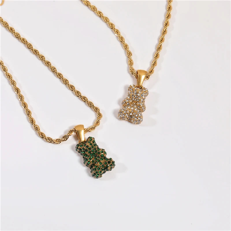 Joolim Jewelry Cute 18K PVD Gold Plated Retro Vintage CZ Pave Bear Pendant Necklace Stainless Steel Jewelry for Women