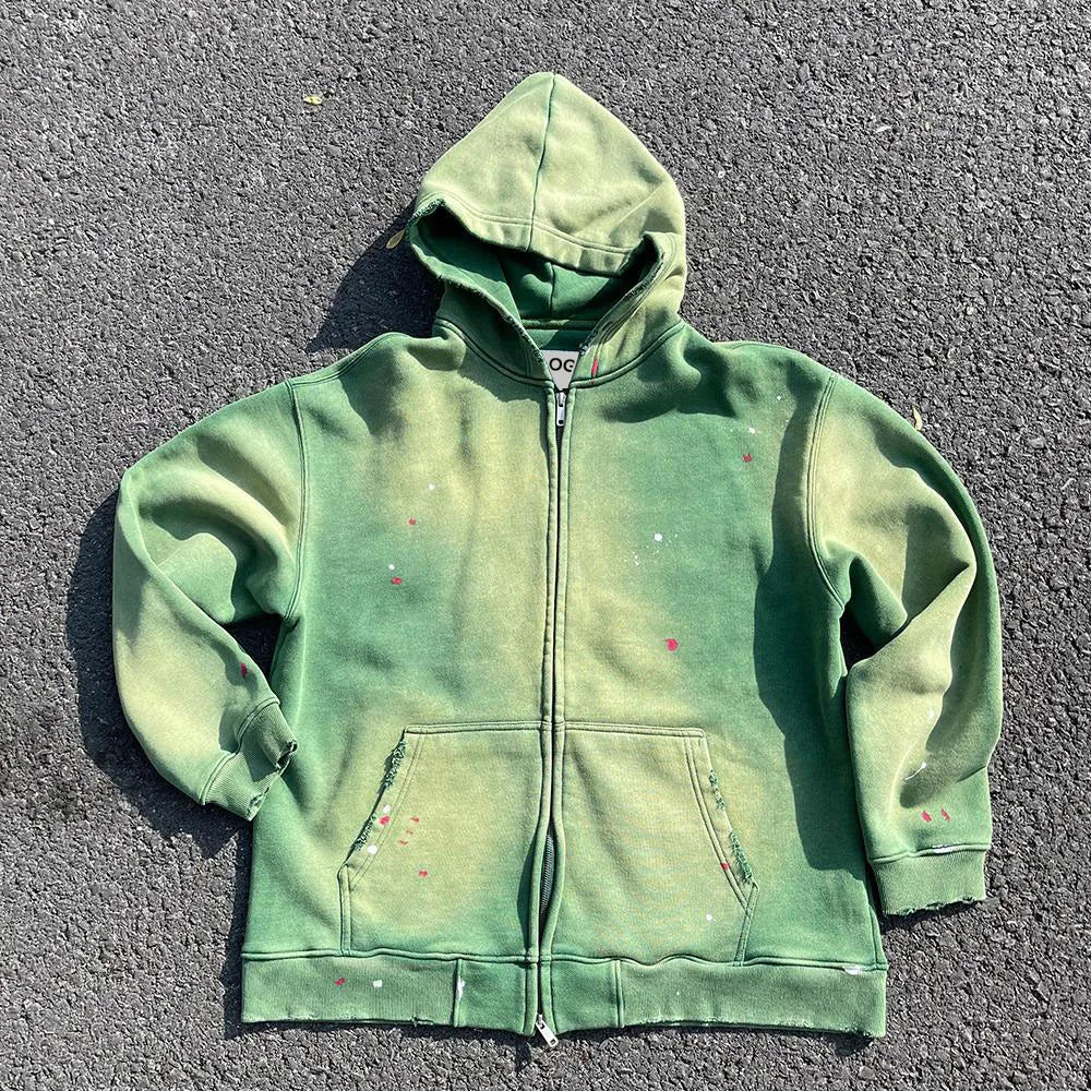 Streetwear Sun Faded Zipper Sweatshirt Custom Men Oversize Vintage Crop Raw Hem Heavy Weight Acid Wash Distressed Zip up Hoodie