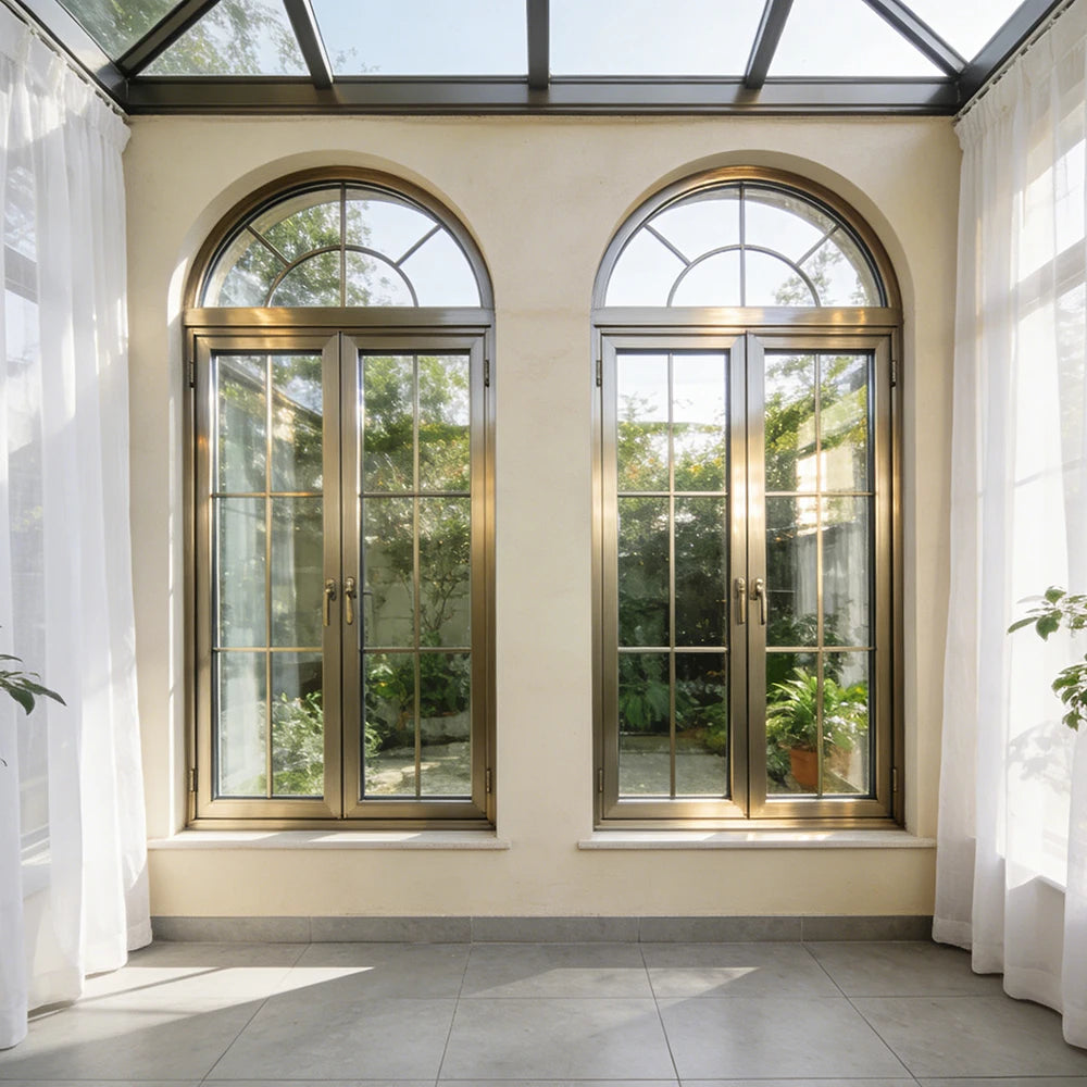 Vintage French Arch Top Frosted Pattern Glass Anti UV Rustproof Aluminum Casement Window for Interior