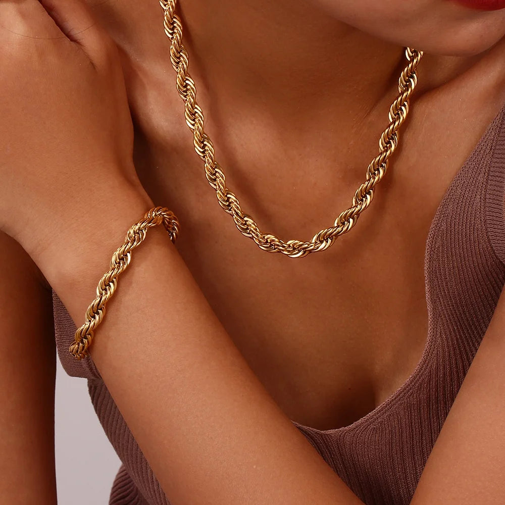 Dreamshow Vintage 8mm Coarse Twist Chain Gold Plated Stainless Steel Statement Necklace Jewelry