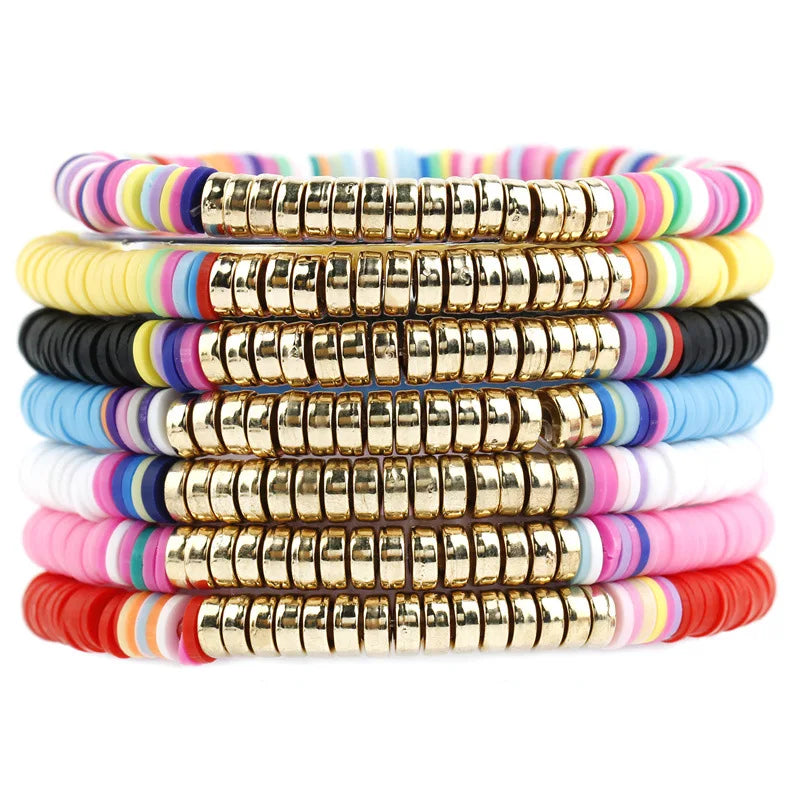 Welwish Handmade Clay Gold Plastic Disc Bead Bracelet Colorful Trendy Fashion Bracelets for Women