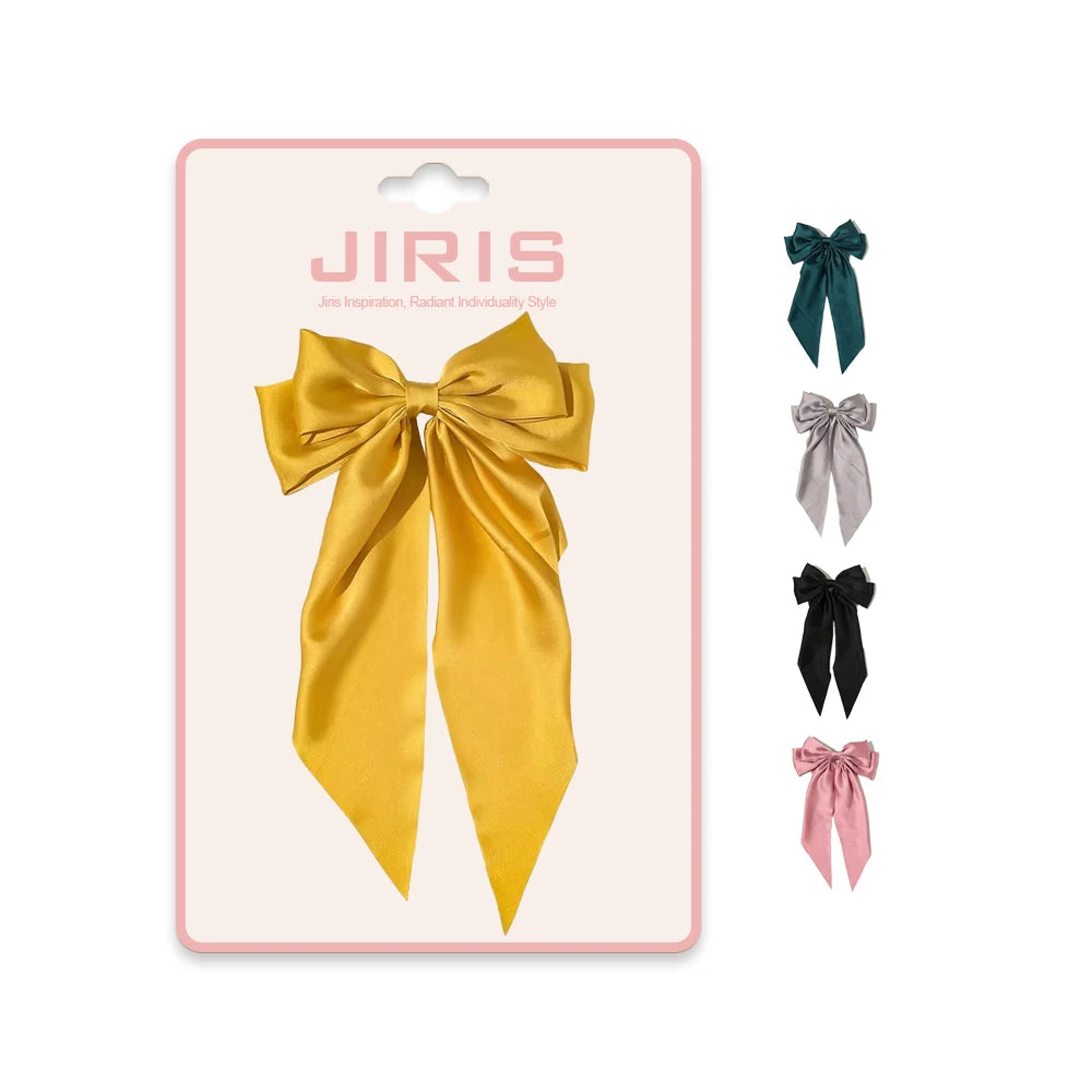 JIRIS 2022 New Design Silk Satin Fabric Ribbon Big Bow Solid Color Barrettes Knot Cheer Clips Hair Bows for Women