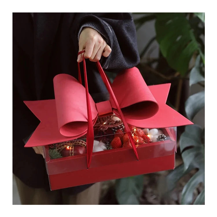 5PCS Rose Bow Flower Box Elegant Ribbon Handle Fruit Snack Big Red Bowknot Gift Clear Flower Cake Box for Birthday Mother's Day