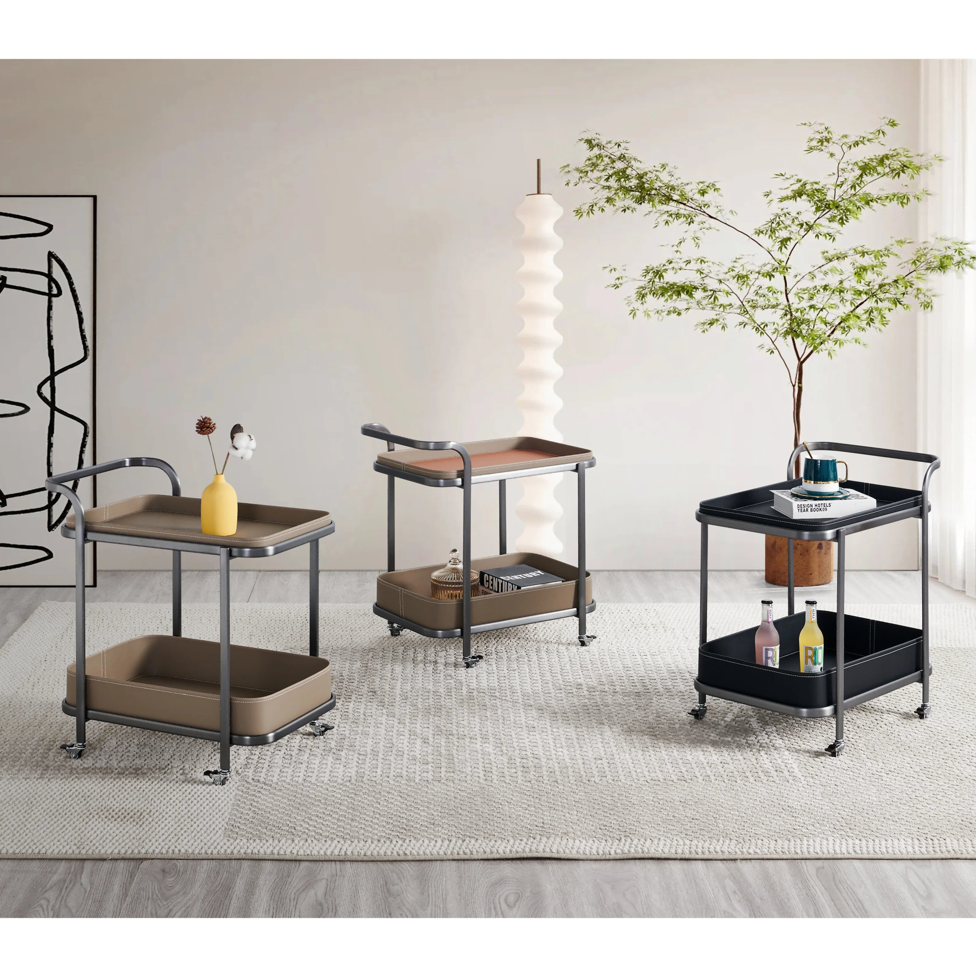 Dual-Sided Sofa Table with Mobile Storage Trolley Personalized Living Room Furniture Corner Shelf Unit