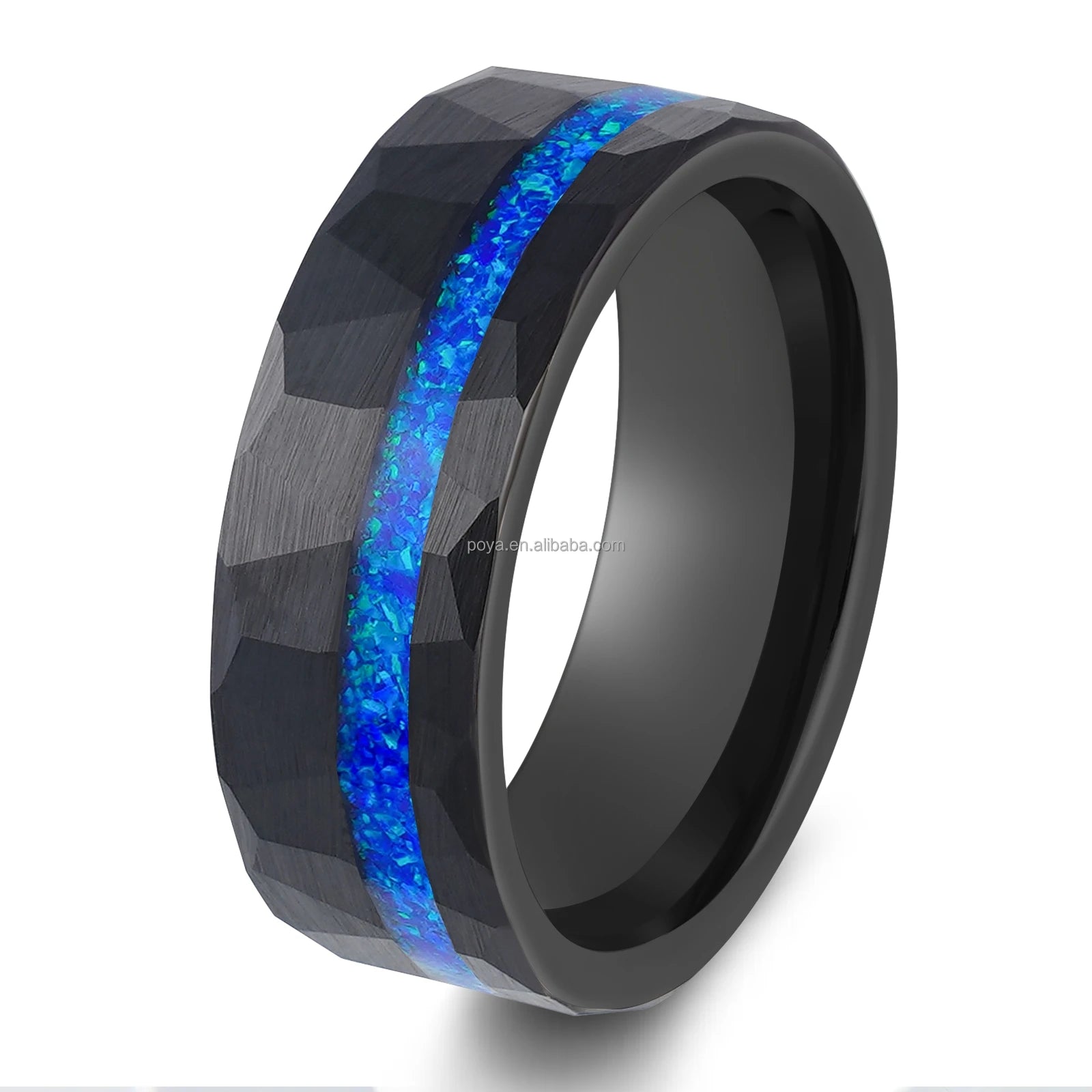 POYA 8mm Fashion Inlay Blue Opal Black Hammered Tungsten Ring  for Wedding Gift Anniversary for Men
