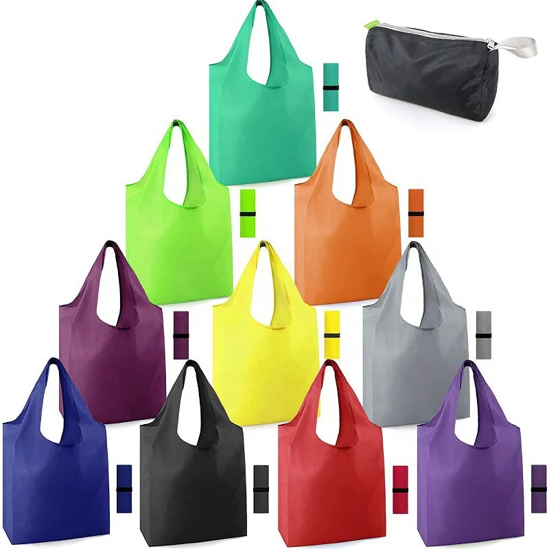 Reusable  Customized Nylon Easy to Carry Roll up With Elastic Strap Lightweight Foldable Shopping Tote Bag Can with logo