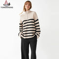 2026 Knitwear Manufacturing Custom Made Oversized White Black Women's Knitted Jumpers Turtleneck Striped Half Zip Sweater